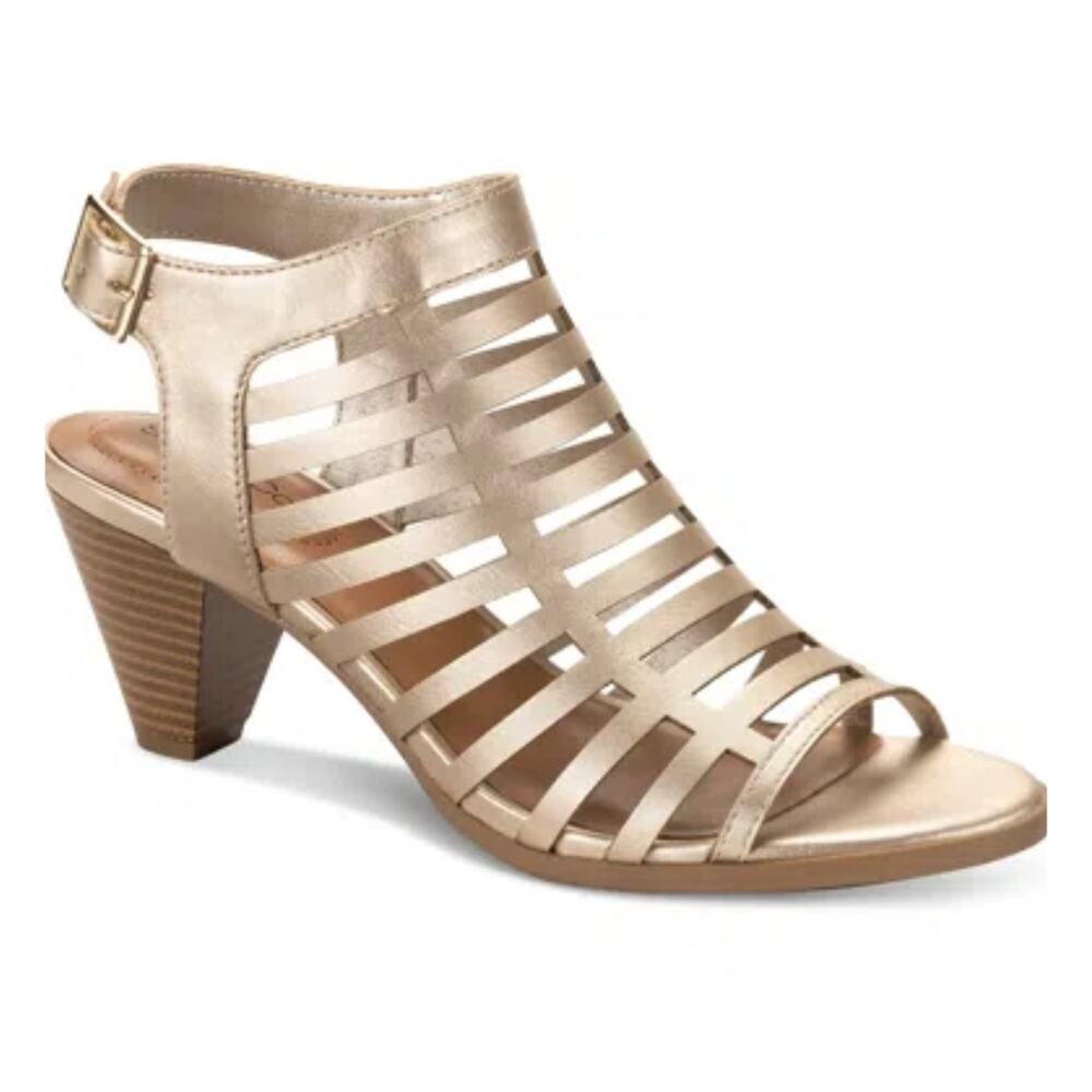 NEW Style & Co Haileyy Caged Upper Cone Heel Shootie Sandals 7.5M Platino Gold